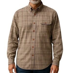 Orvis Men's L Plaid Button Front Shirt 100% Cotton Brown Outdoor Hunting
